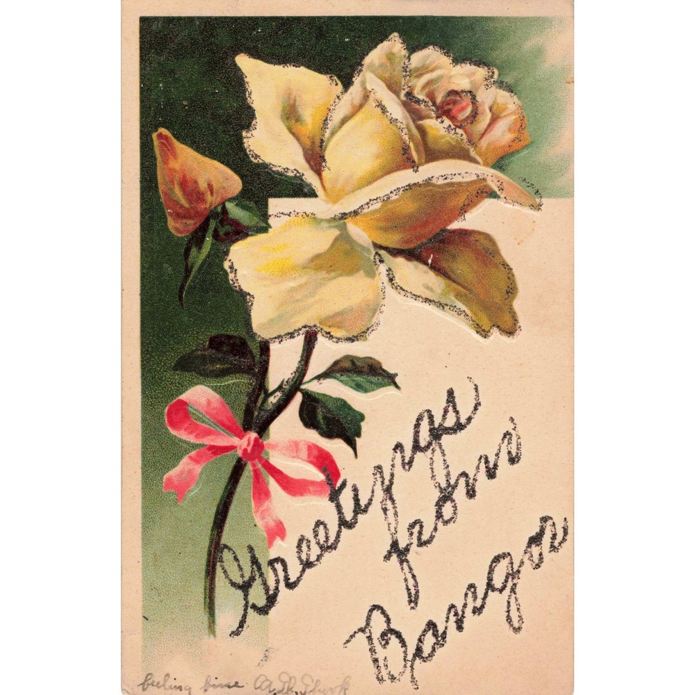 Bangor Pennsylvania PA Greetings From Yellow Rose Flower Glitter Postcard c1908